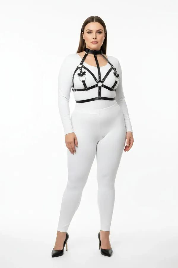 black faux leather strappy chest harness with choker neck collar and silver O-ring center worn over white top