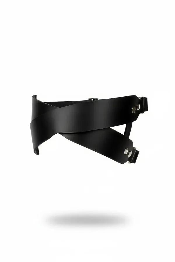 Black faux leather wide band cross detail choker harness with overlapping straps and silver snap rivets
