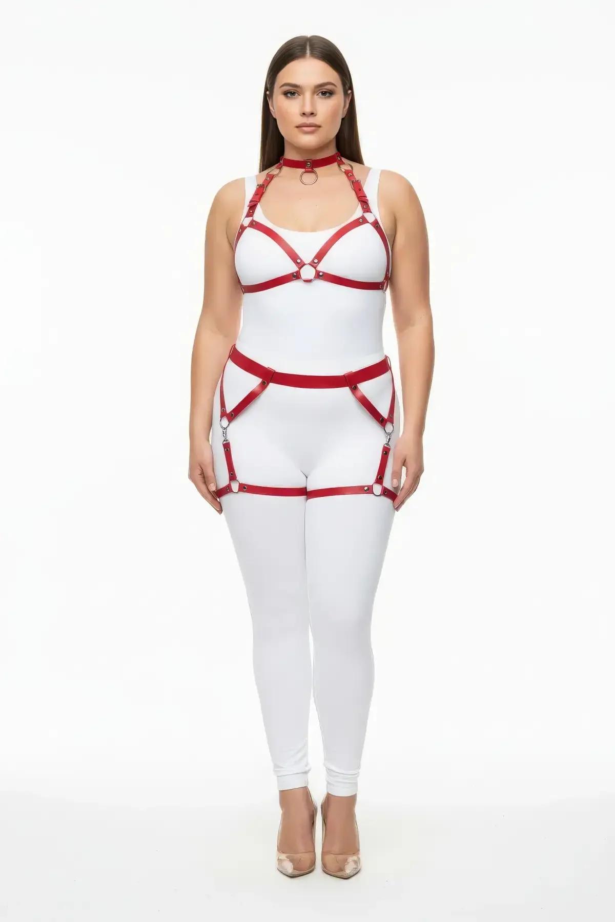 Red PU faux leather body harness choker detail with silver O-ring hardware front view