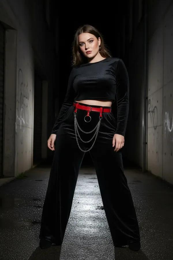 red faux leather waist harness belt with black O-ring and triple draped gunmetal chains worn over black dress