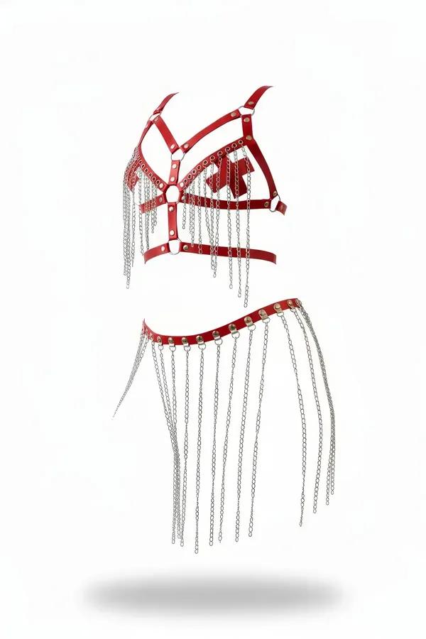 Red faux leather chain harness bralette and matching waistband chain-fringe skirt set with silver O-rings and dangling silver