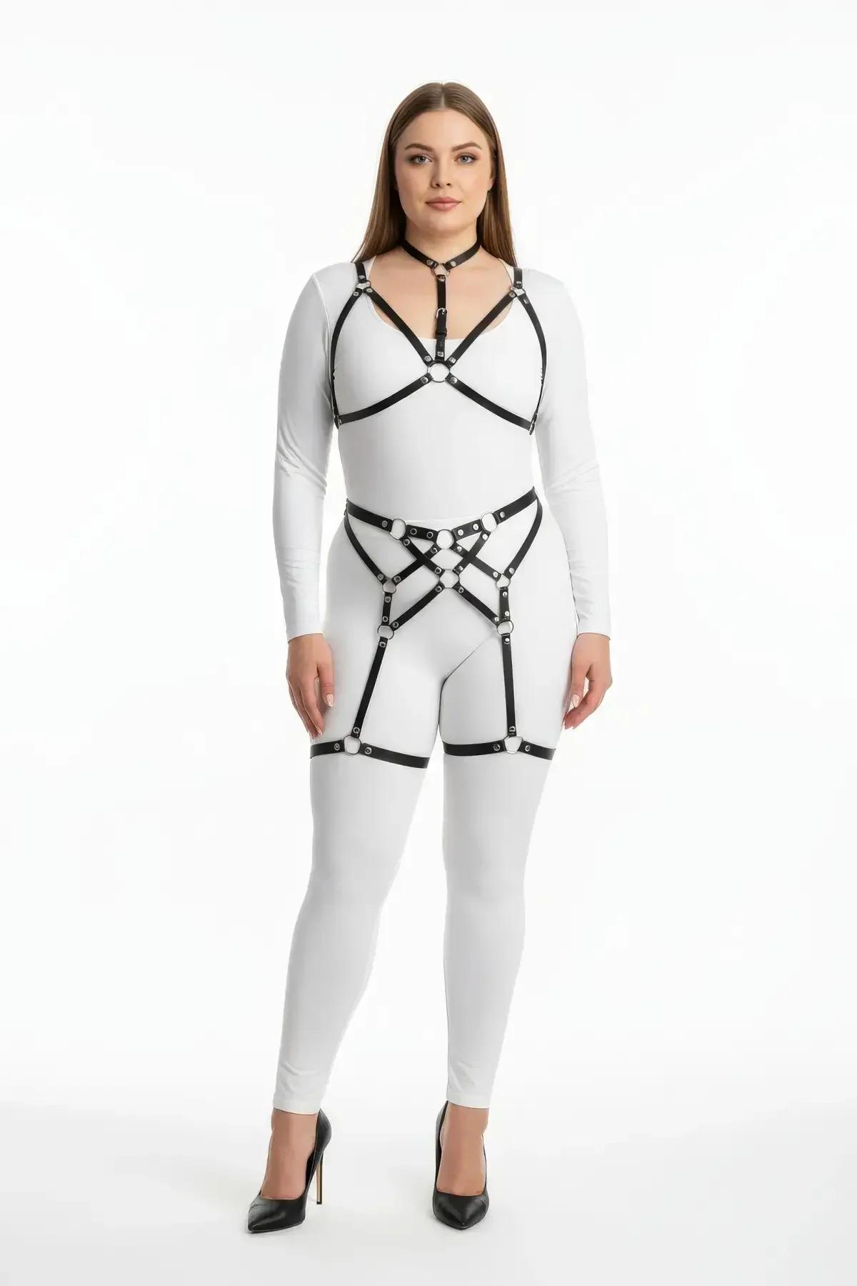 Black faux leather full body harness set with choker, chest cage, and X-cross garter straps with silver O-rings, worn over wh