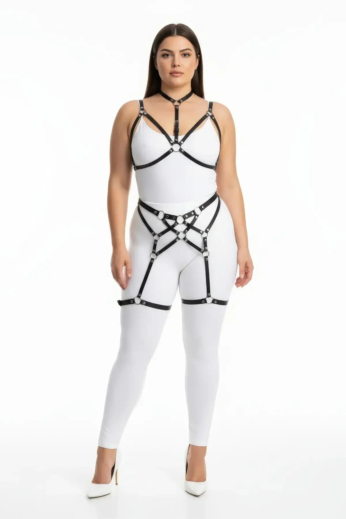 Black faux leather chest cage harness with V-strap design and central silver O-ring connector