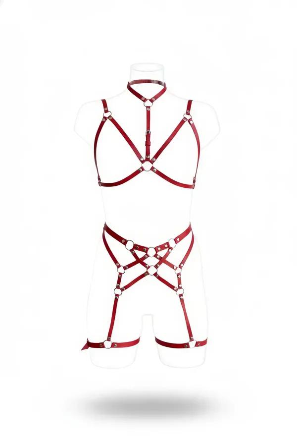 burgundy faux leather caged body harness and garter set with silver O-rings and thigh bands on white background