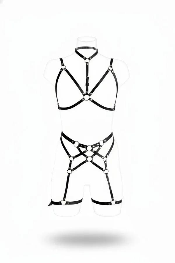 black faux leather full body harness set with silver O-rings bra cage and leg garter straps front view