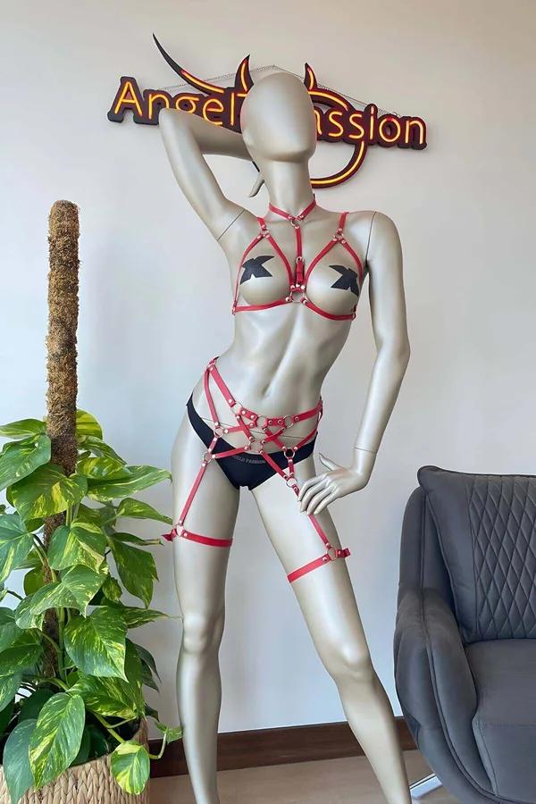 kırmızı suni deri büstiyer harness ve jartiyer takım, gümüş O-ring detay, S-5XL beden
