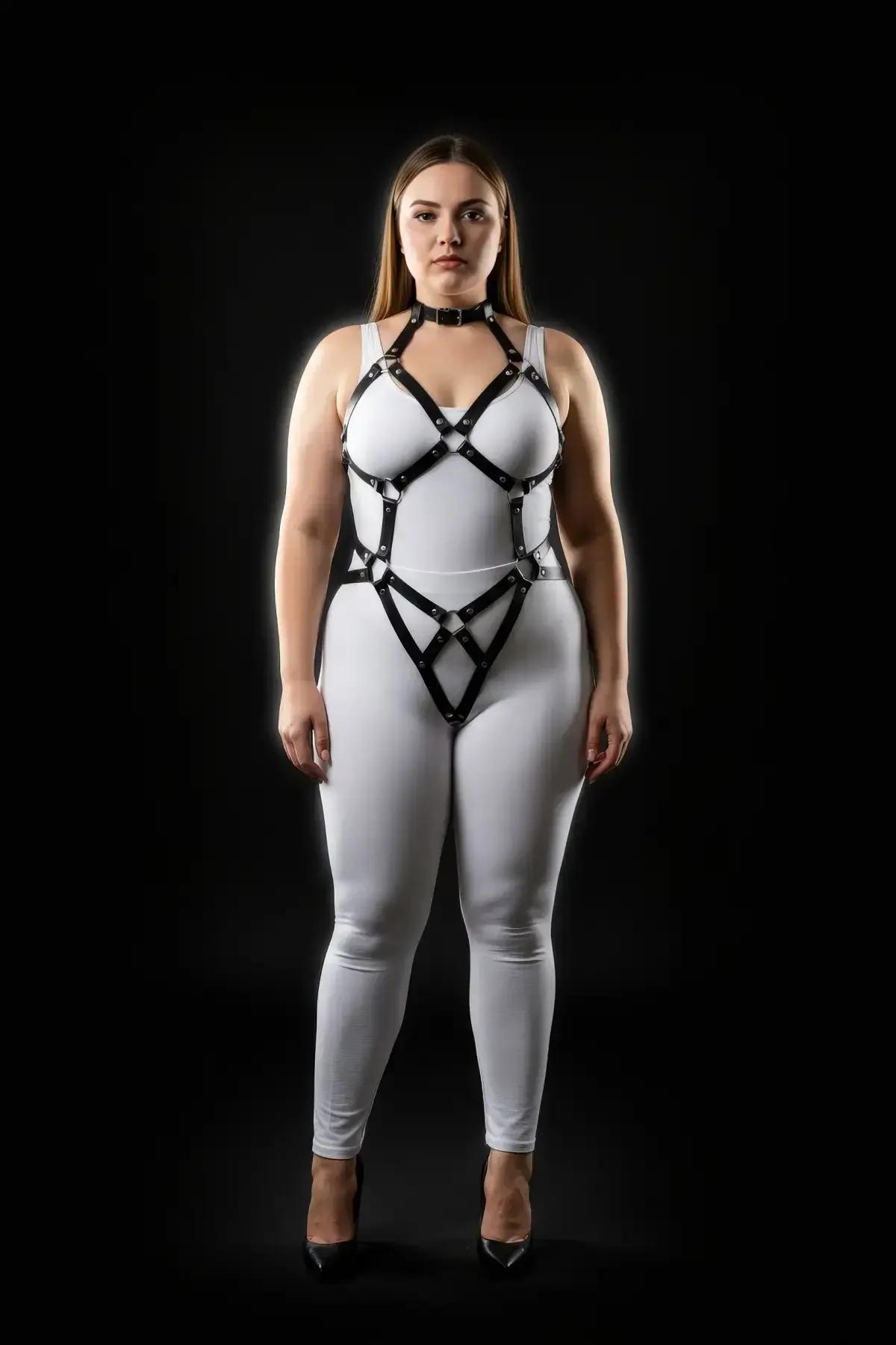 black full body harness collar and chest cage close-up with silver zinc-alloy o-ring hardware