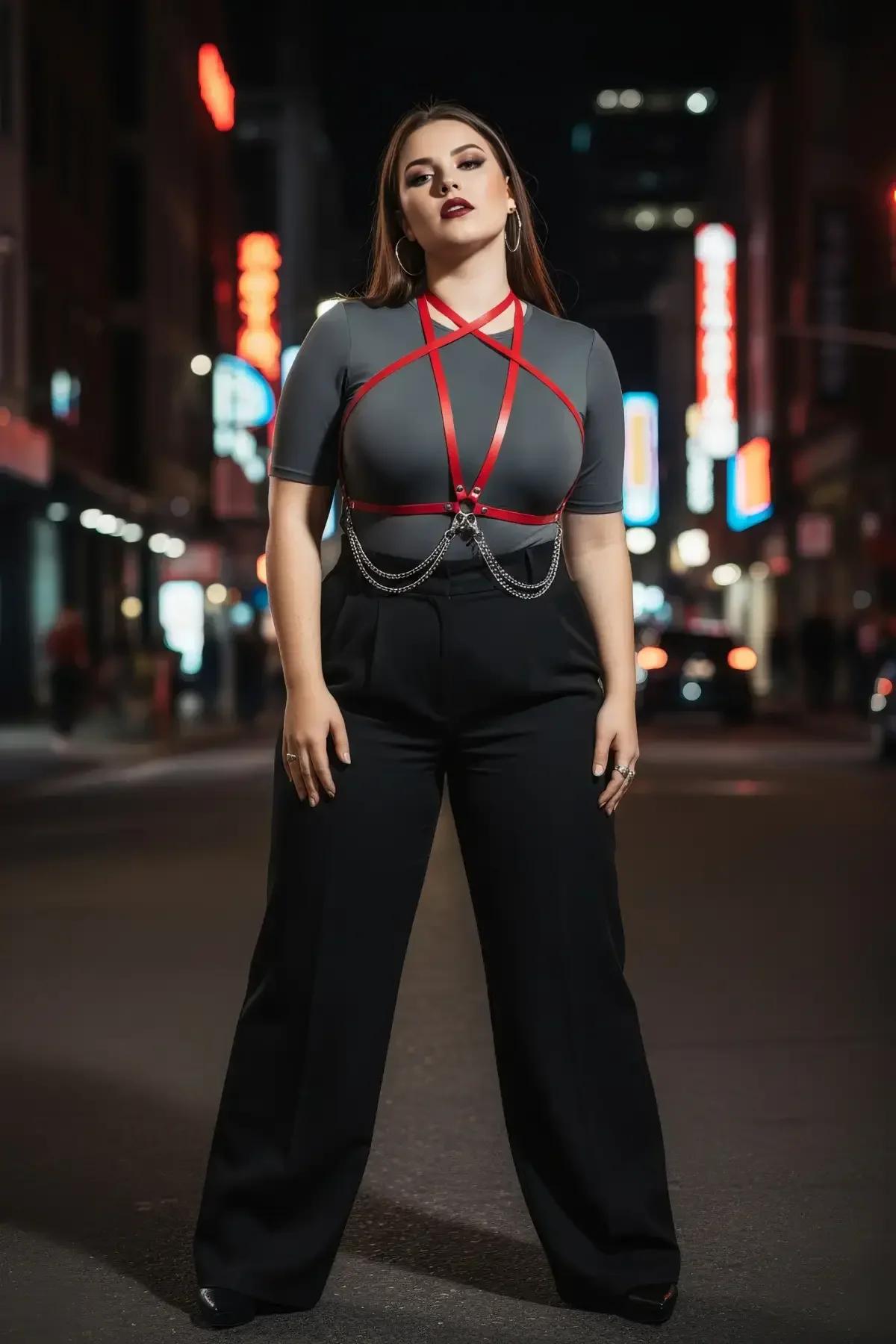 gümüş metal zincir bel detayı kırmızı harness karabina bağlantı yakın çekim
