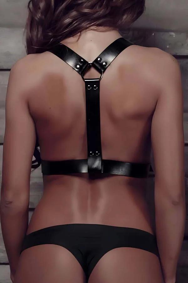 siyah suni deri göğüs harness gümüş tokalı omuz ve bel ayarlı perçinli bantlar