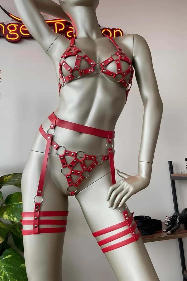 kırmızı vegan deri harness jartiyer takım gümüş O-halkalı büstiyer külot bacak bandı 4 parça