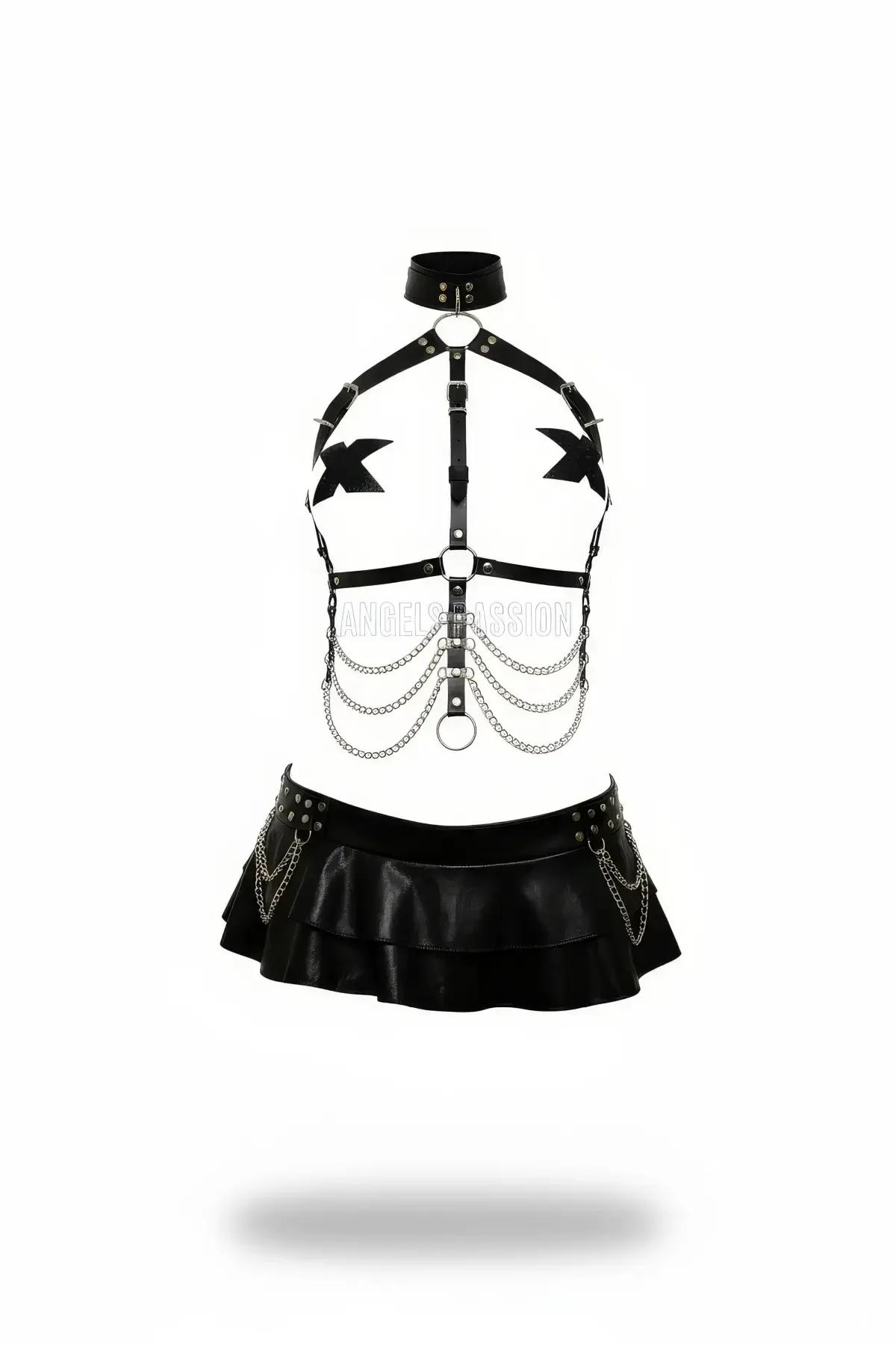 Black faux leather body harness set with choker, four-row draped silver chains, O-rings, and double-tiered studded mini skirt