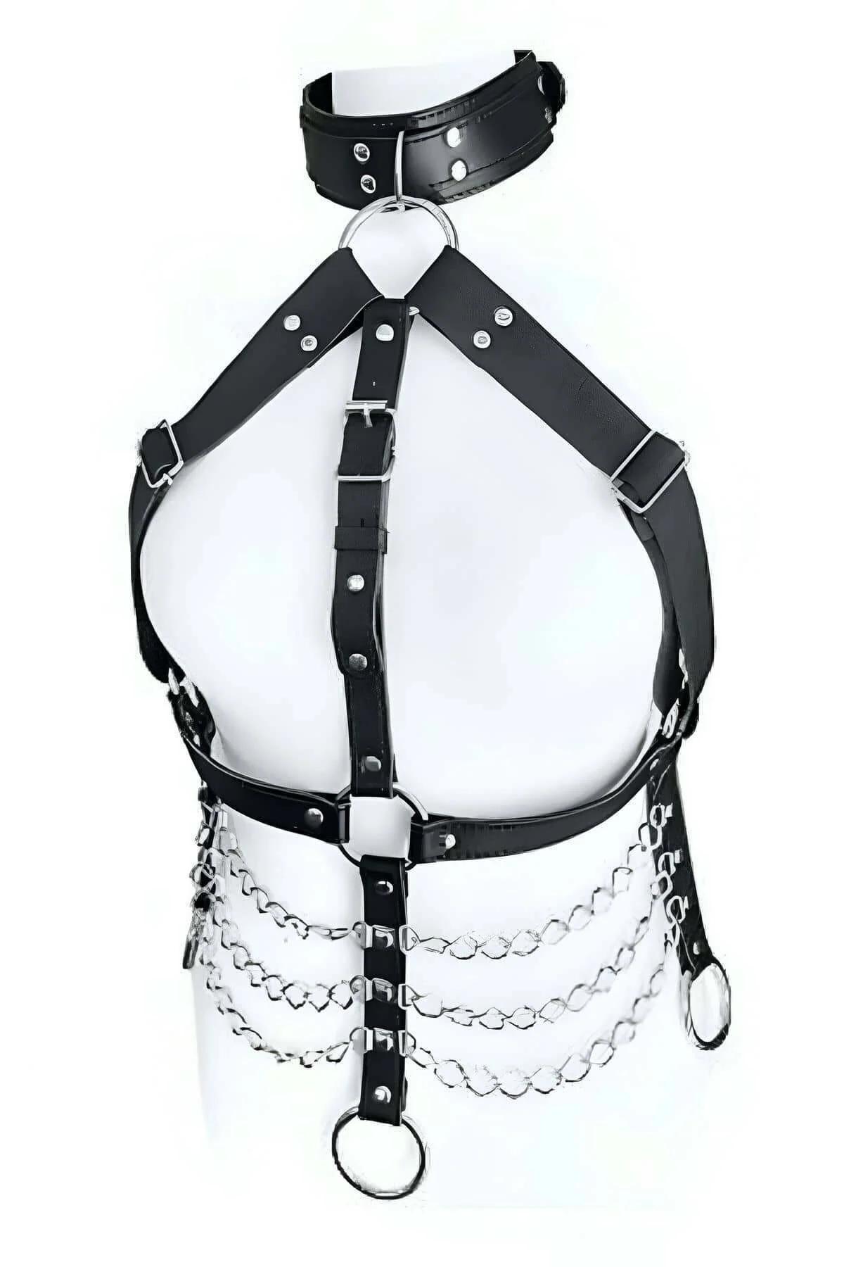 integrated collar and chest strap harness black faux leather worn side angle