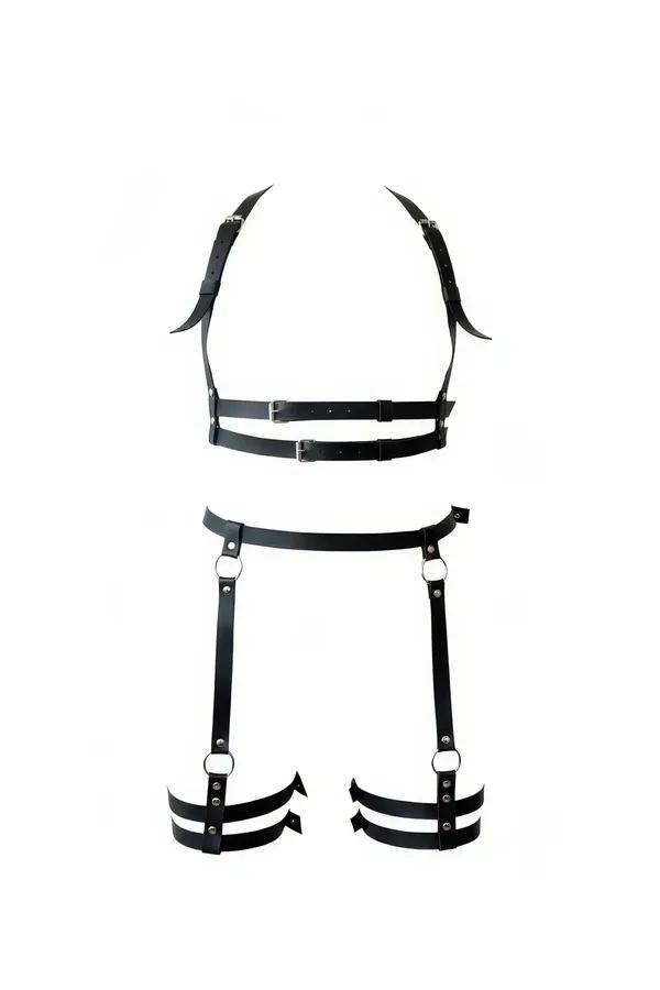Siyah vegan deri jartiyer harness seti gümüş tokalı göğüs bandı ve uyluk O-halkası