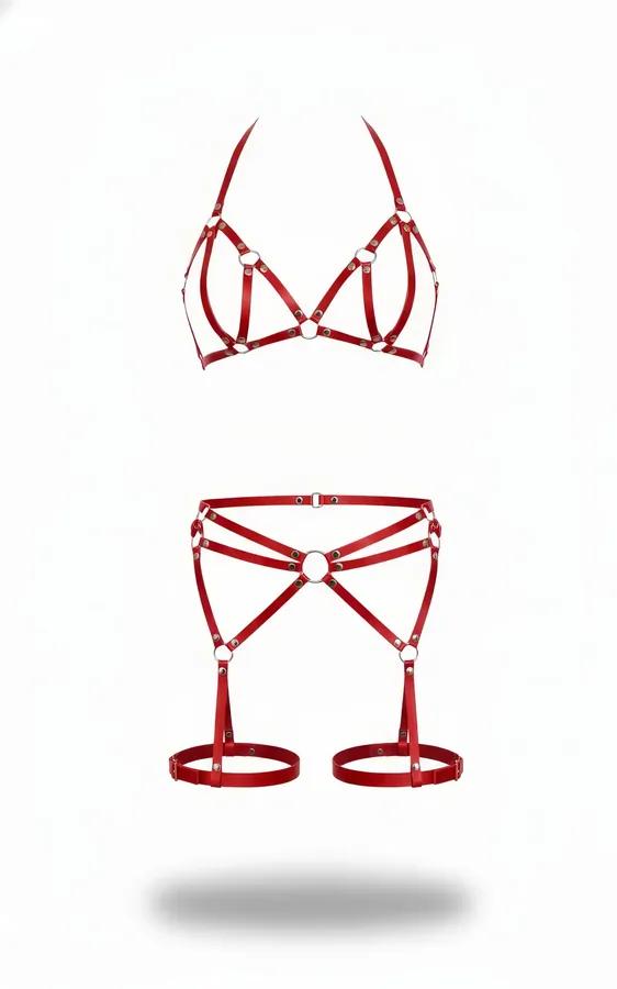 Red faux leather caged bralette and garter leg harness set with silver O-rings on white background