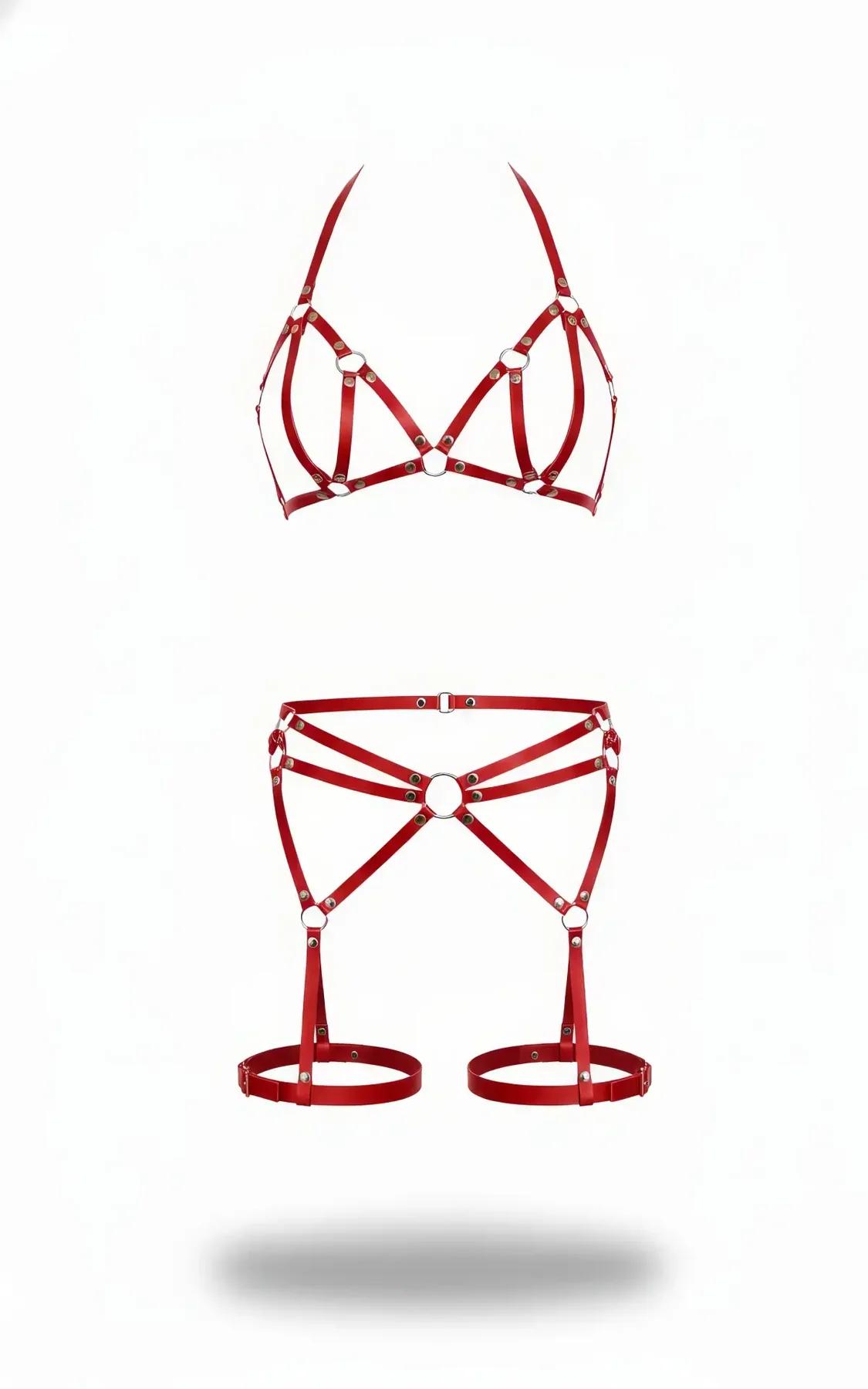 Red faux leather caged bralette and garter leg harness set with silver O-rings on white background