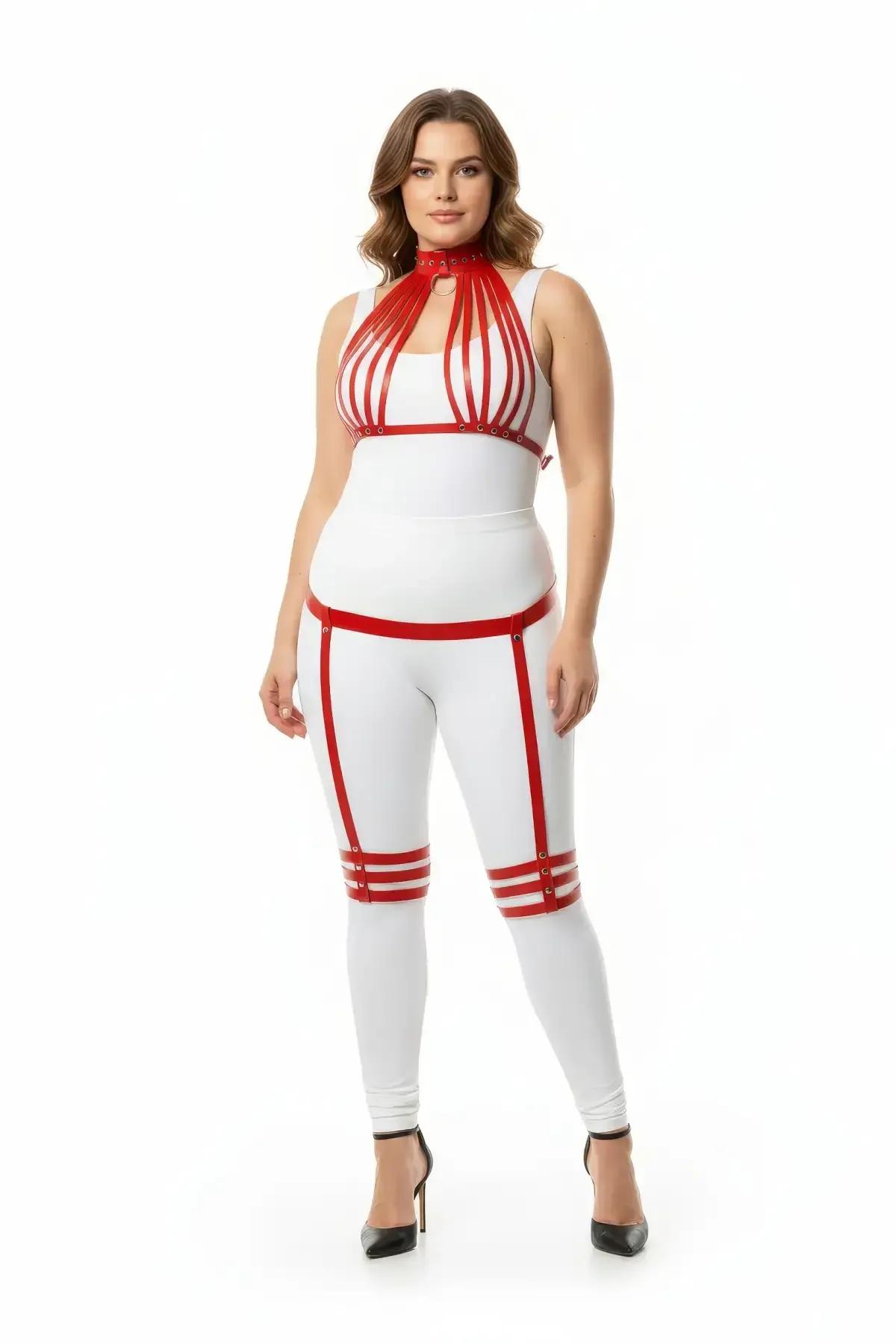 Red faux leather cage chest harness set with triple-strap thigh garters and gold-tone rivet hardware on white background
