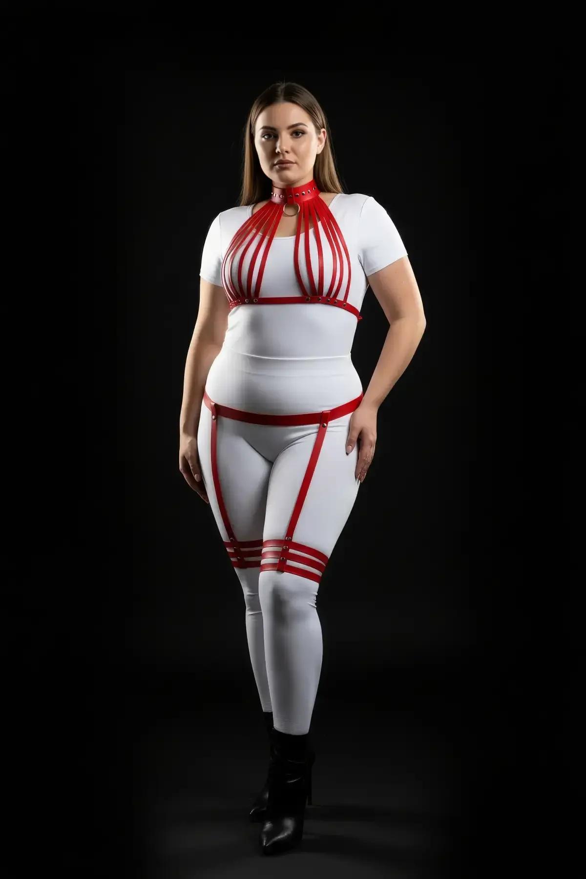 Triple horizontal band red faux leather thigh garters with front vertical connector strap and gold hardware