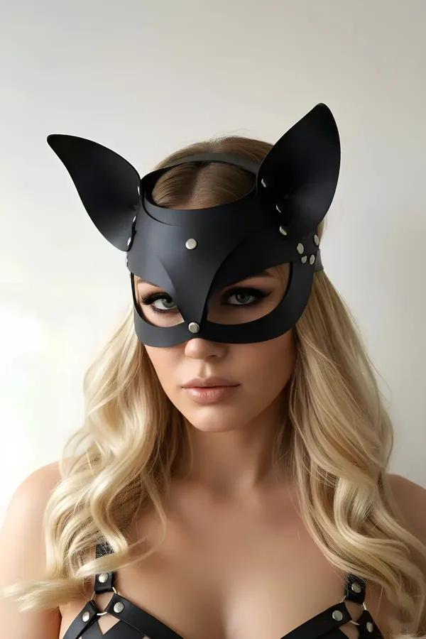 black faux leather cat mask with studded ears and silver rivets structured panels half face