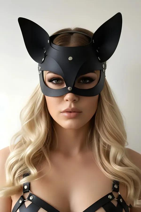 black faux leather cat mask with studded ears and silver rivets structured panels half face