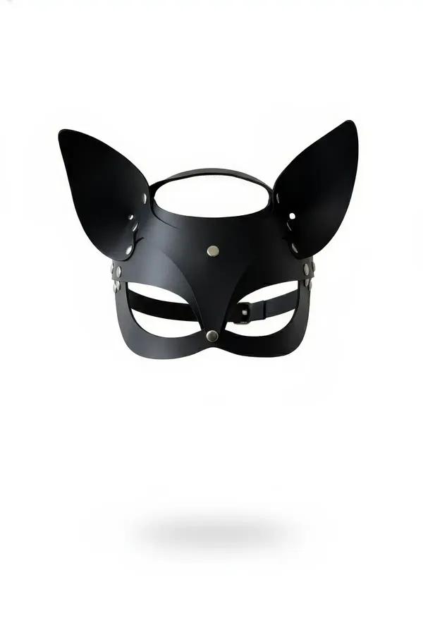 black faux leather cat ear face mask with open eye slits and silver-tone snap button, front view