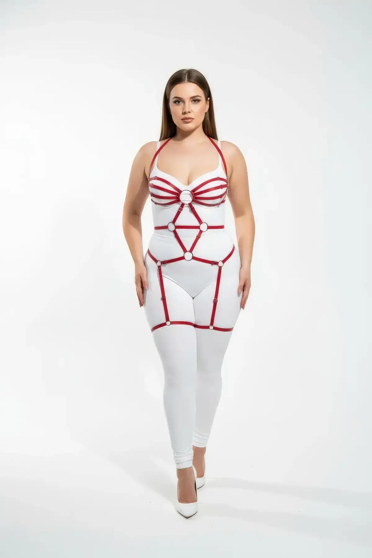 red strappy full body harness thigh loop section detail mid-thigh positioning