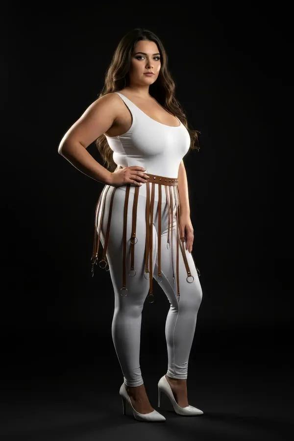 Tan faux leather fringe skirt harness with silver O-ring tipped straps worn over white leggings, plus size model