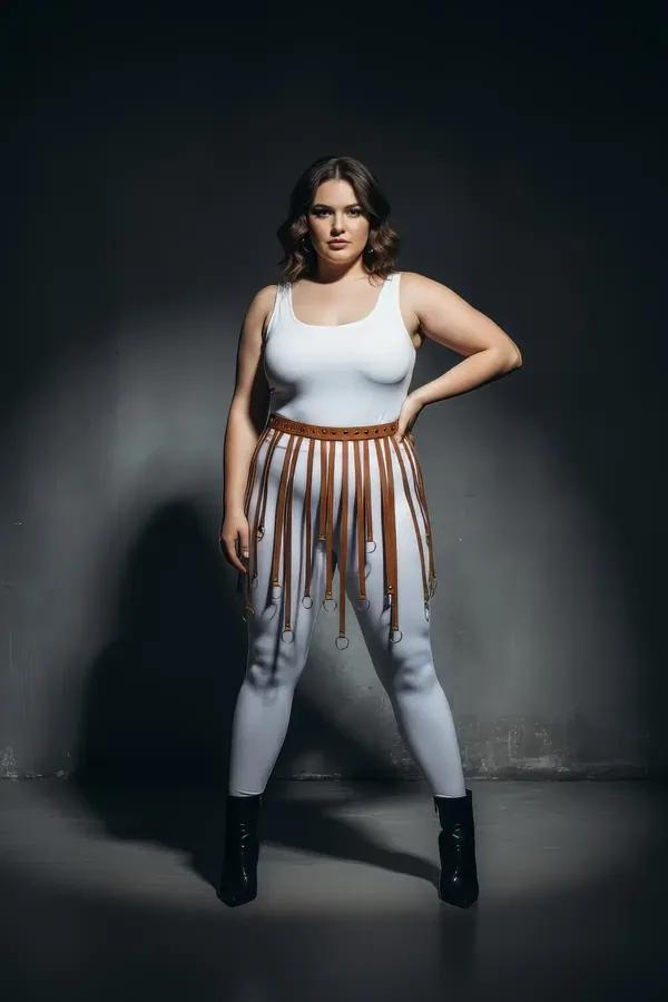 Tan faux leather fringe skirt harness with silver O-ring tipped straps worn over white leggings, plus size model