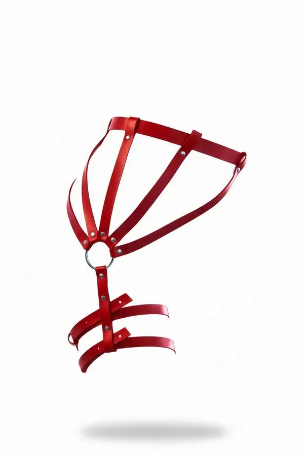 red faux leather caged hip garter with silver O-ring center and three adjustable thigh bands, front view