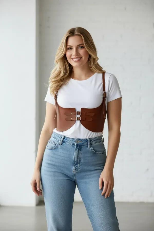 brown faux leather underbust corset harness top with dual buckle front and gold O-ring shoulder straps
