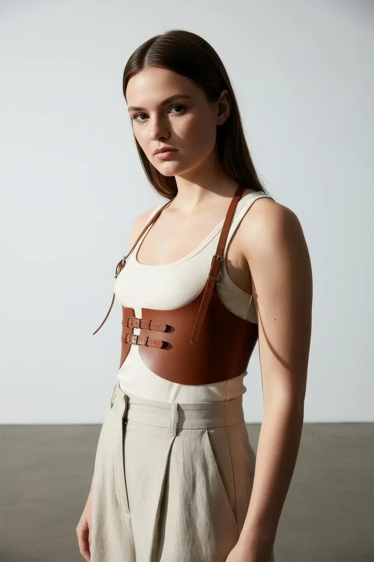 underbust harness bra styled over white bodysuit with pleated midi skirt plus size model