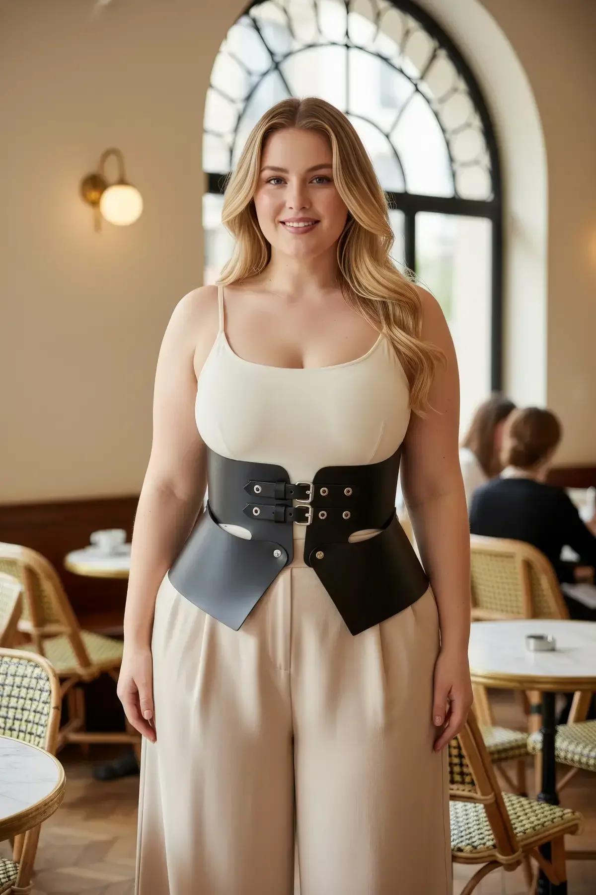black wide waist cincher harness belt flat lay showing full panel height approximately 18 cm