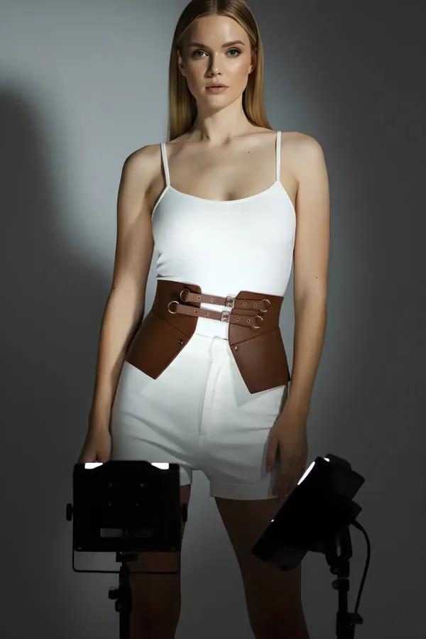 tan faux leather waspie waist harness with double silver buckles structured front panel