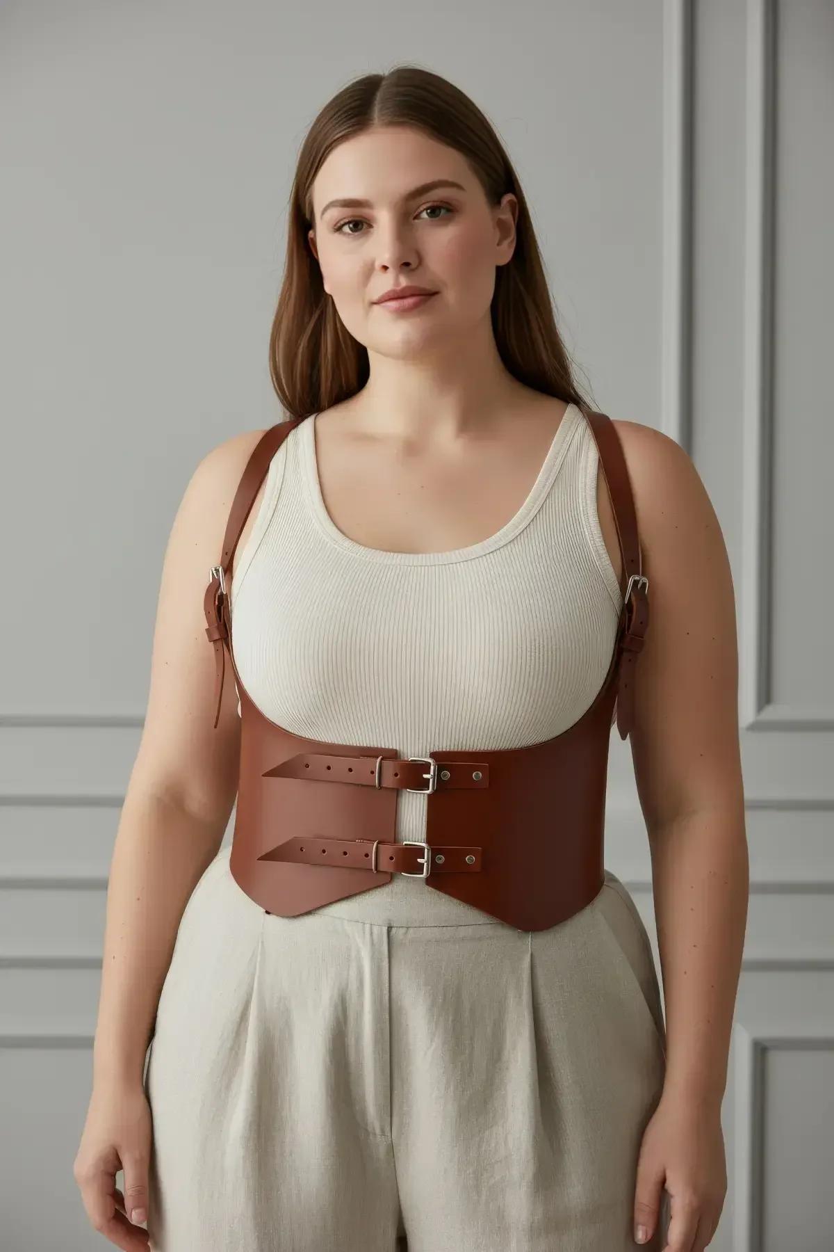 Wide tan faux leather waist harness belt back view with adjustable strap hardware
