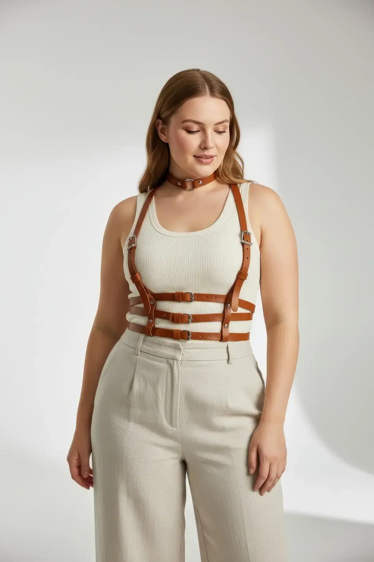 Tan PU leather chest harness showing three horizontal waist straps with silver buckles front view
