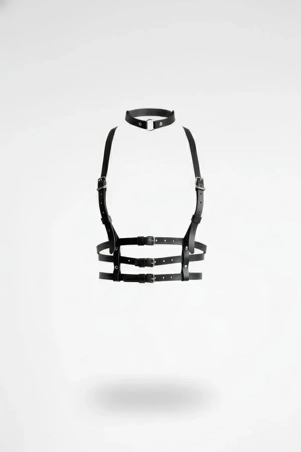 black faux leather body harness with integrated choker neck band, three horizontal waist straps, and silver-tone metal buckle