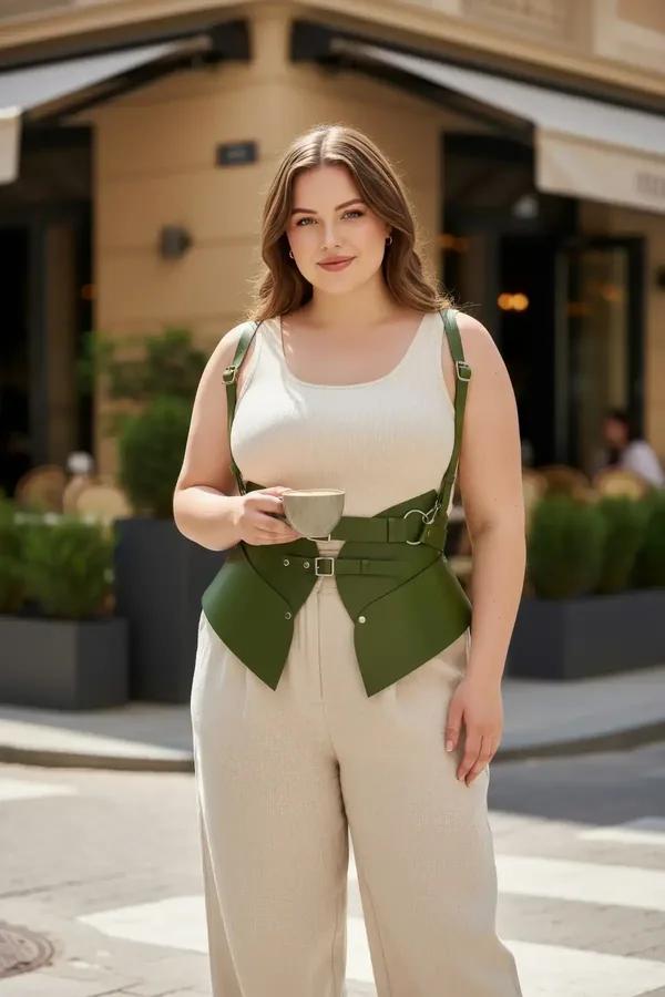 olive green faux leather corset belt with adjustable shoulder harness straps and silver O-ring buckle hardware