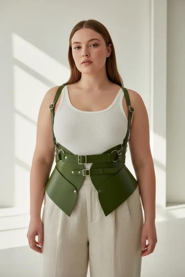 olive green faux leather corset belt with adjustable shoulder harness straps and silver O-ring buckle hardware
