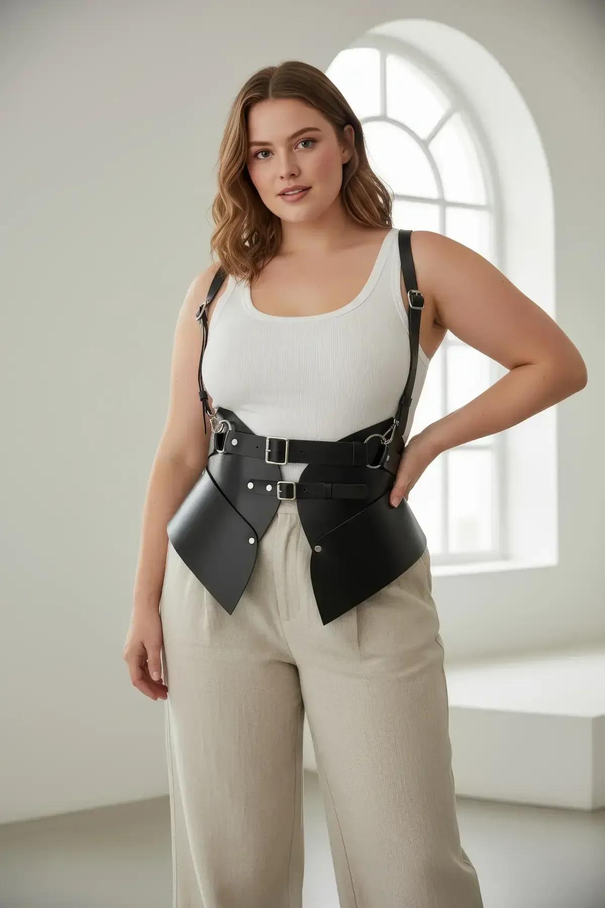 Black PU corset harness belt front view showing structured hip panels and silver D-ring hardware