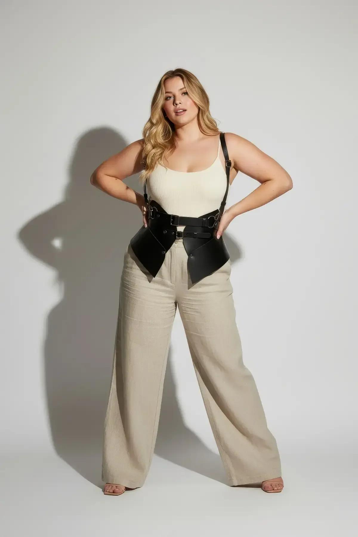Black corset harness belt worn with high-waist blue jeans and white tank top street style