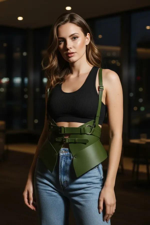 olive green vegan leather structured waist harness wide shoulder straps gold buckles worn over white crop top