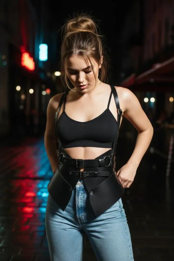 Black vegan leather peplum underbust waist harness with silver buckles and O-ring, worn over black crop top