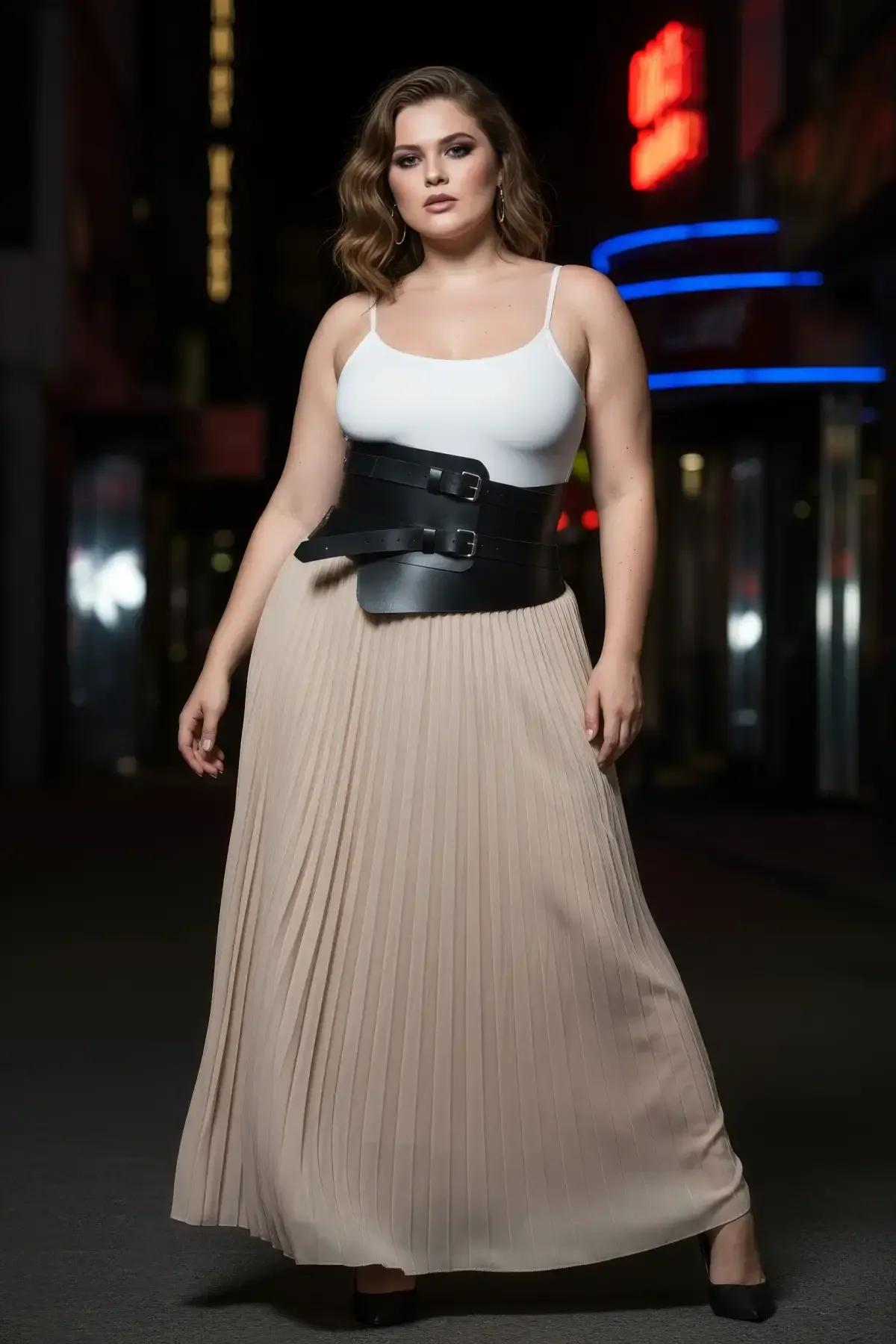 plus-size black waspie belt with asymmetric hem styled over beige wide-leg trousers