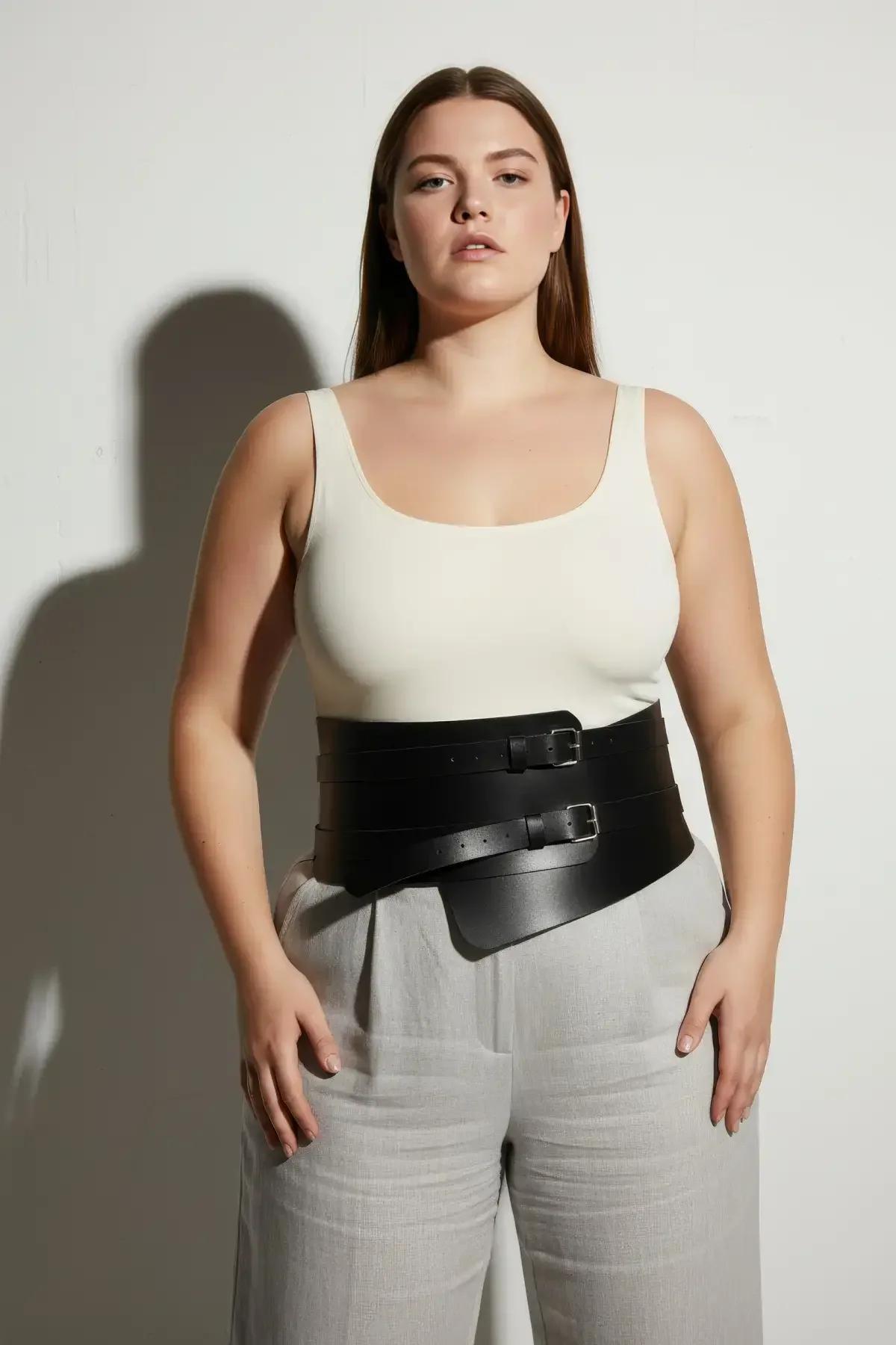 smooth matte black faux leather waist belt with adjustable double buckle closure and angled front panel