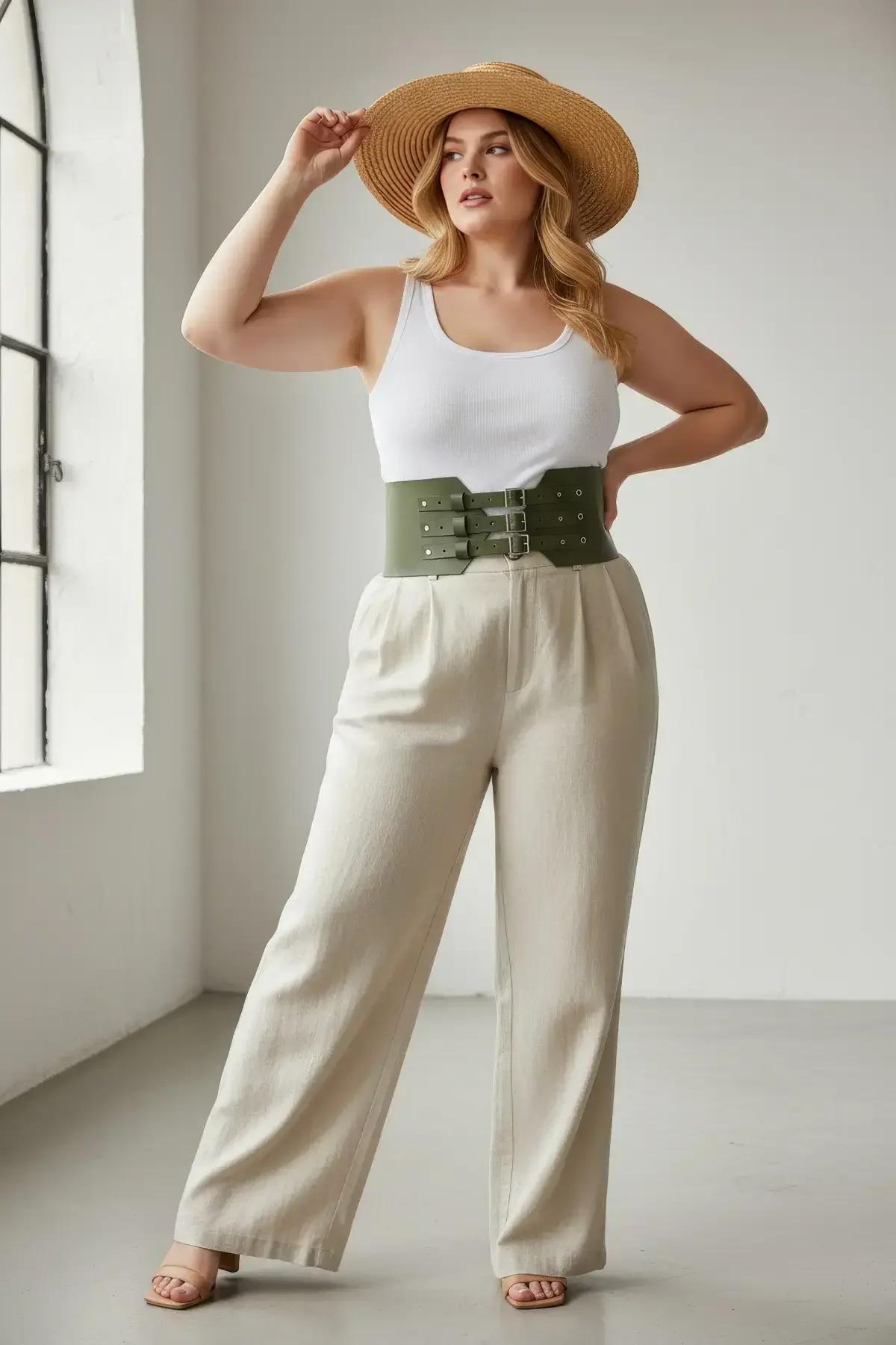 front view of olive triple buckle wide waist belt with silver-tone prong hardware detail