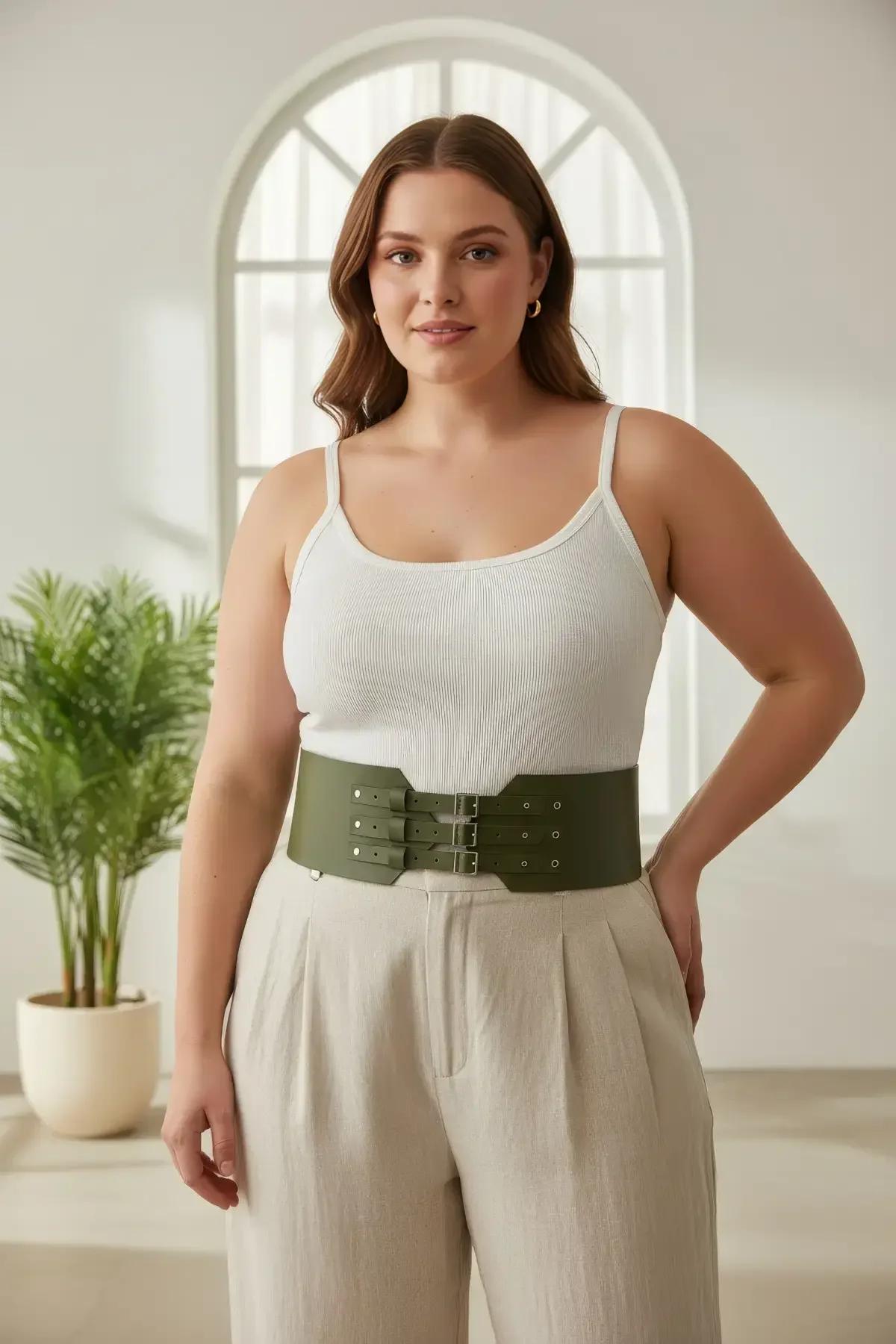matte olive PU vegan leather cincher harness showing three horizontal adjustable strap rows