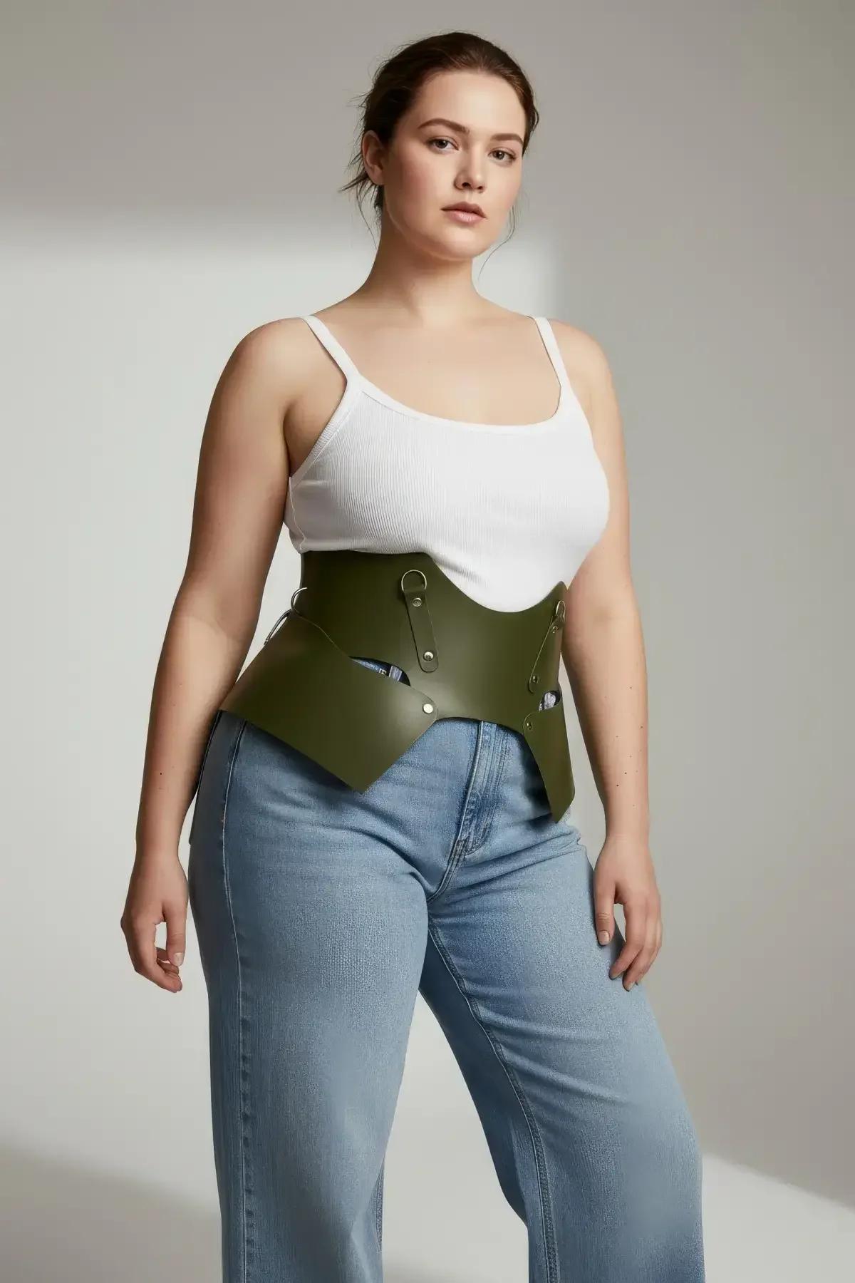 olive green structured harness belt worn over white camisole and linen trousers showing full-length silhouette