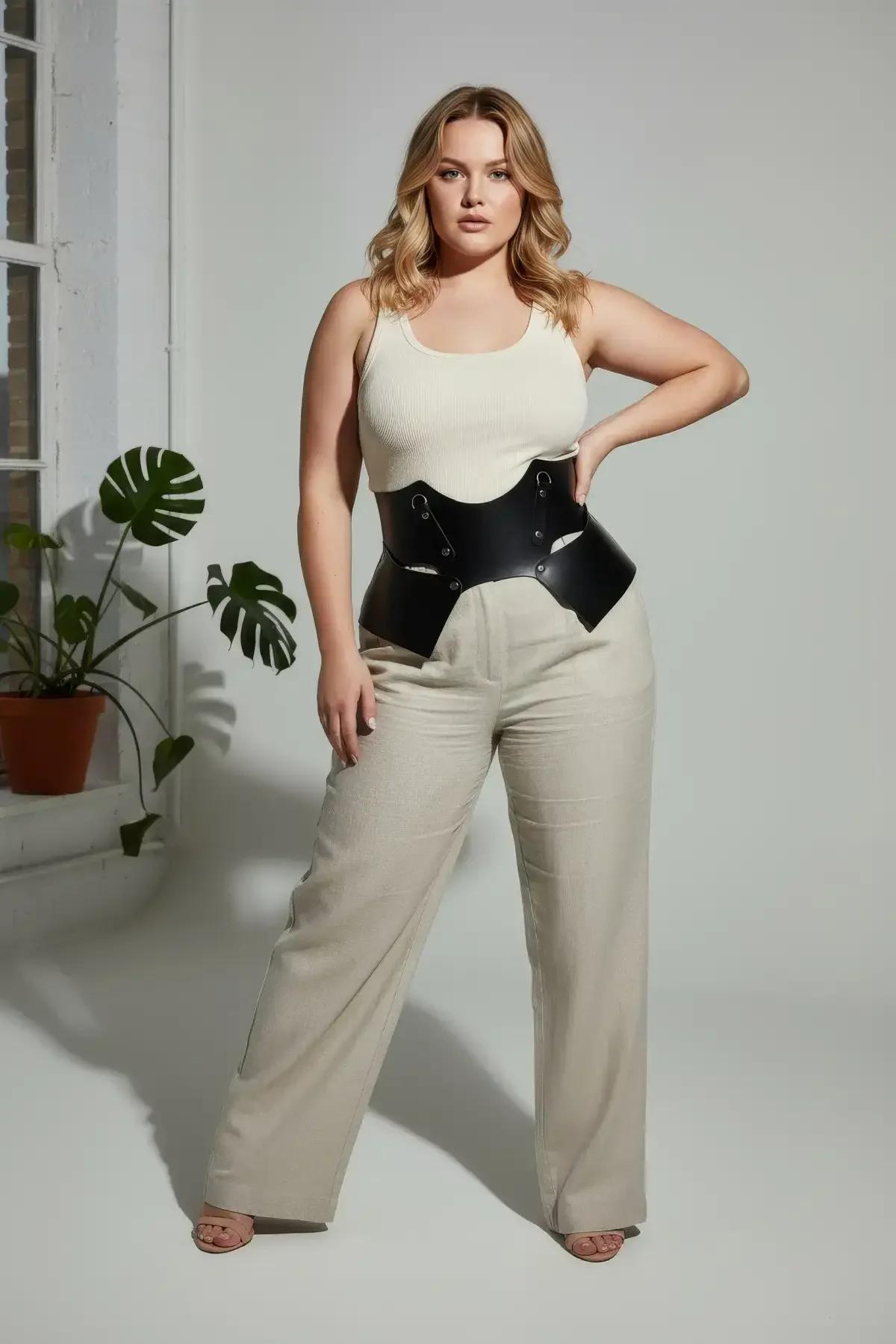 black sculptural panel waist belt laid flat showing 12 cm panel height and wing-flare silhouette