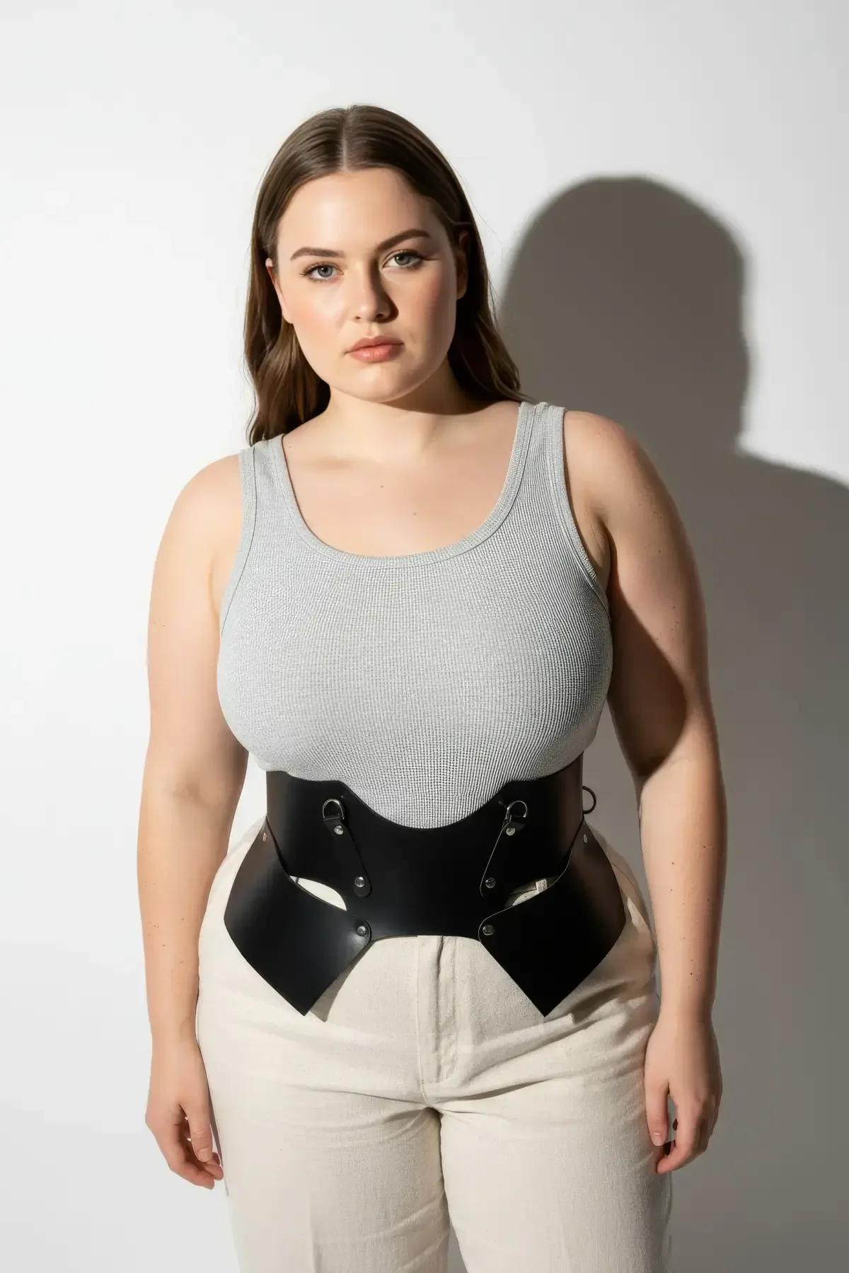 Side angle black wide faux leather belt with architectural wing panels defining hourglass waist