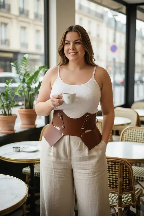 cognac faux leather underbust waist cinch harness with detachable hip panels and gold O-ring hardware worn over white tank to