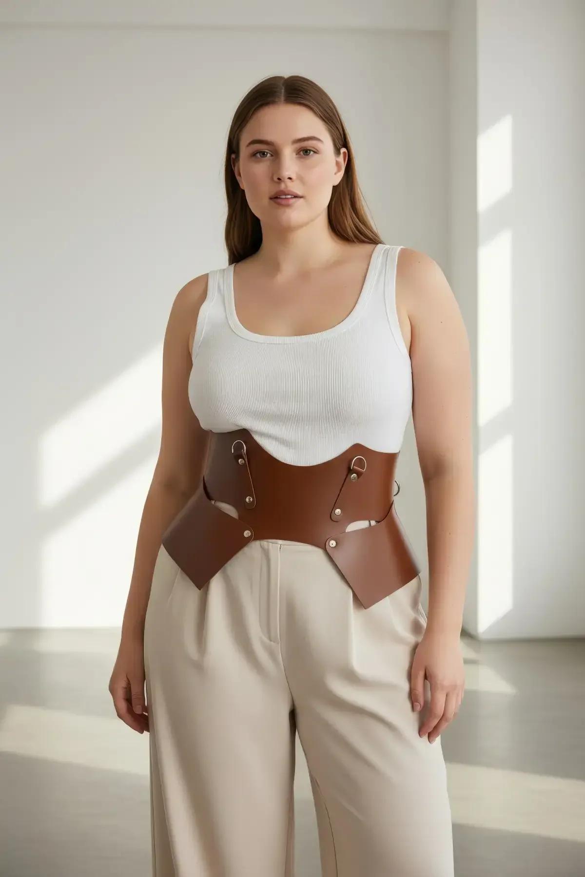 Gold-tone welded O-ring snap detail on cognac brown underbust waist harness side panel attachment